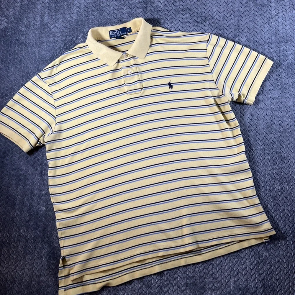 Polo Ralph Lauren Polo Shirt Men's Size L Yellow Striped Cotton Classic‎ Preppy